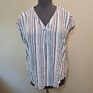 Liz Claiborne Womens XL V-Neck Striped Chambray Linen Blouse Summer Casual Top